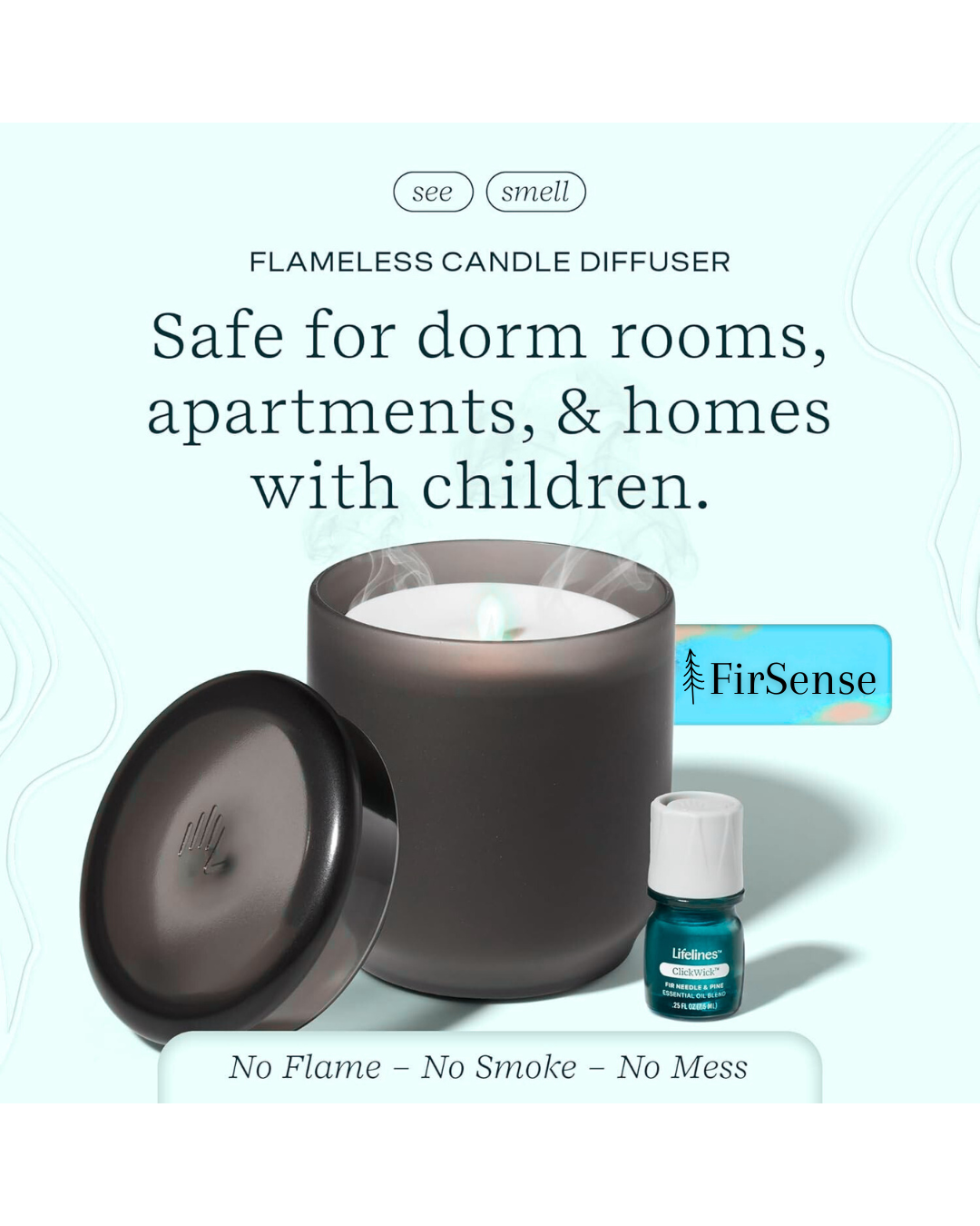 FirSense flameless candle safe for dorms, apartments, and homes with children