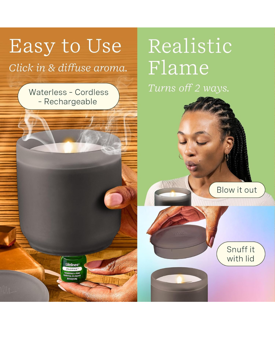 FirSense easy to use diffuser with realistic flame you can blow out or snuff with the lid