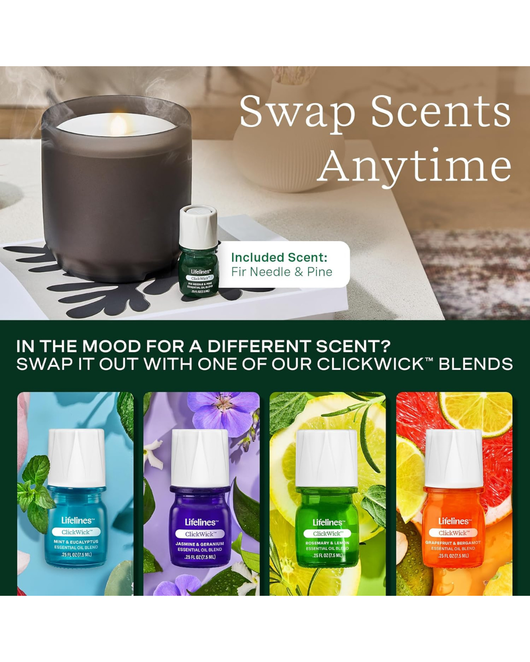 FirSense swap scents anytime with multiple ClickWick essential oil blends